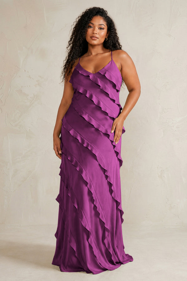 Fig Spaghetti Straps Sheath Stain Ruffled Bridesmaid Dress (3) | KISSBRIDAL[sizeplus]
