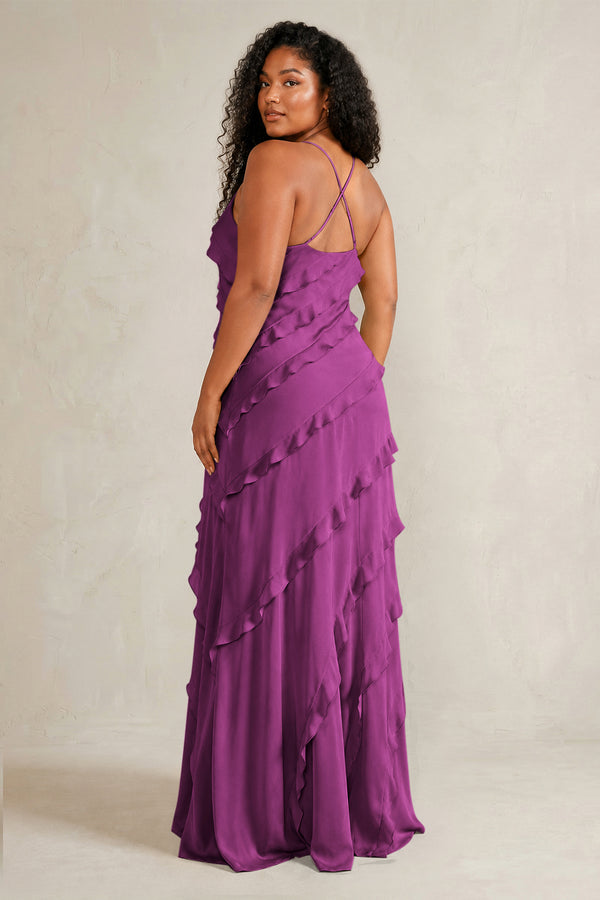 Fig Spaghetti Straps Sheath Stain Ruffled Bridesmaid Dress (4) | KISSBRIDAL[sizeplus]