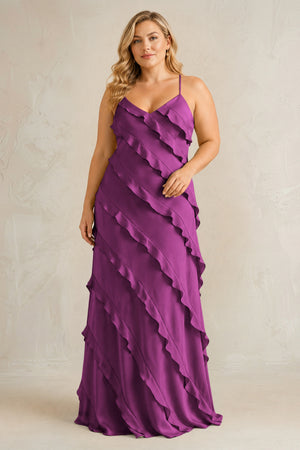 Fig Spaghetti Straps Sheath Stain Ruffled Bridesmaid Dress | KISSBRIDAL[sizeplus]
