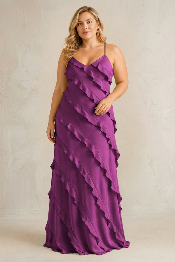 Fig Spaghetti Straps Sheath Stain Ruffled Bridesmaid Dress | KISSBRIDAL[sizeplus]