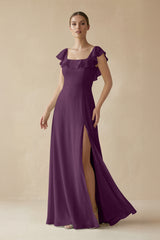 Fig Square Neck A-Line Bridesmaid Dress with Ruffles | KISSBRIDAL
