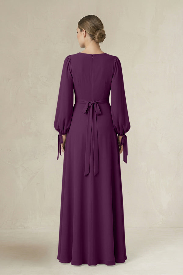 Fig Square Neck Long Sleeve A-Line Chiffon Bridesmaid Dress in Fig (2) | KISSBRIDAL