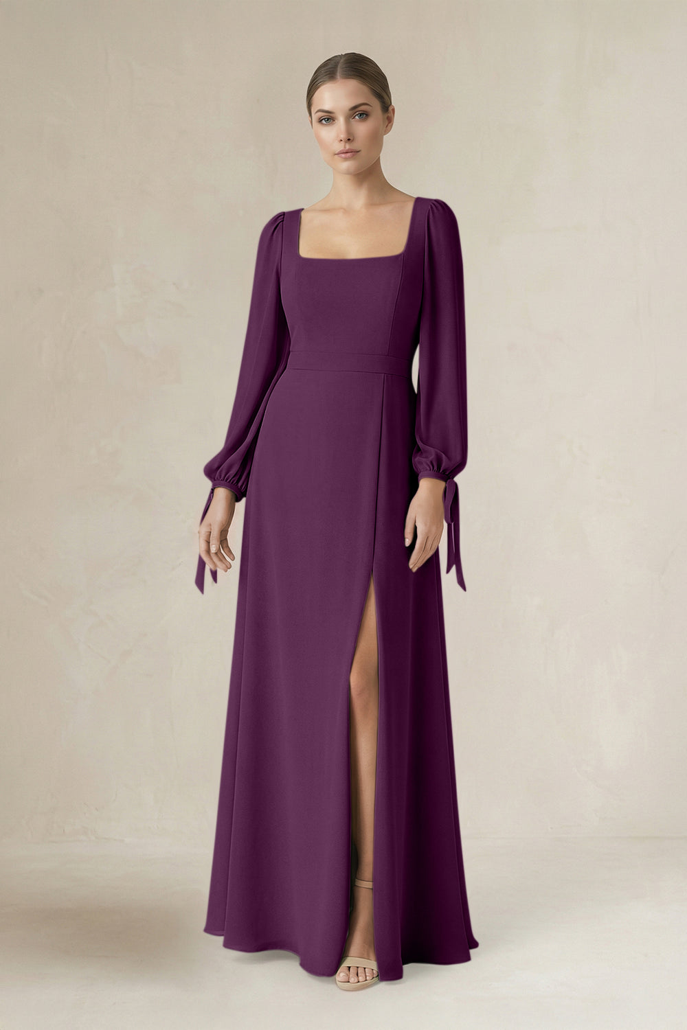 Square Neck Long Sleeve A-Line Chiffon Bridesmaid Dress in Fig