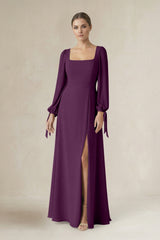 Fig Square Neck Long Sleeve A-Line Chiffon Bridesmaid Dress in Fig | KISSBRIDAL