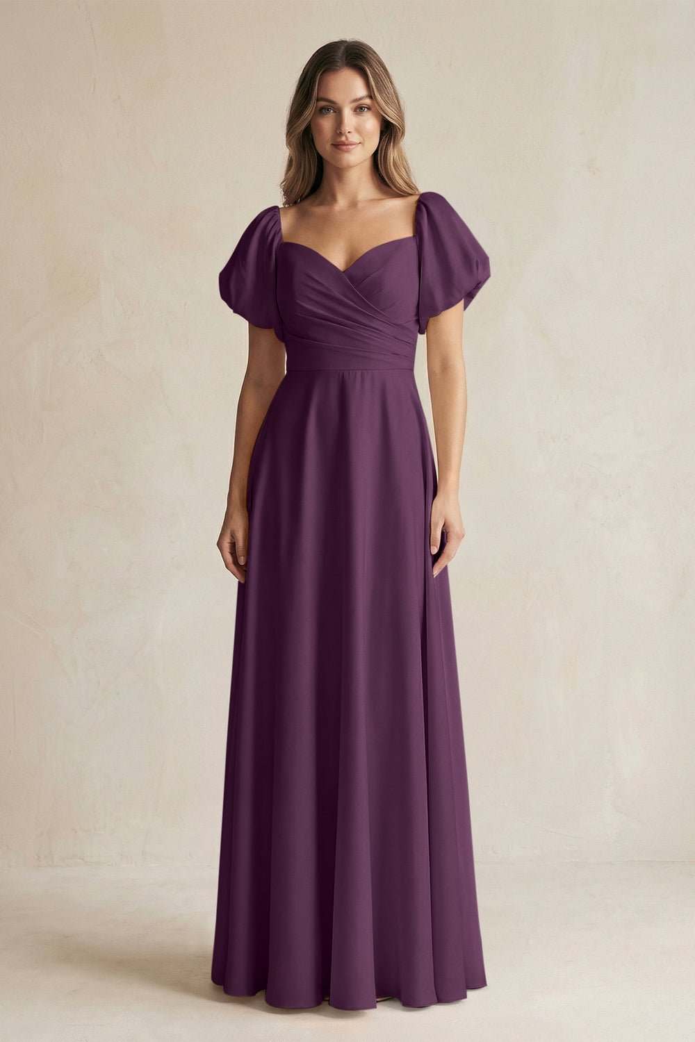 Sweetheart Puff Sleeve A-Line Chiffon Bridesmaid Dress in Fig