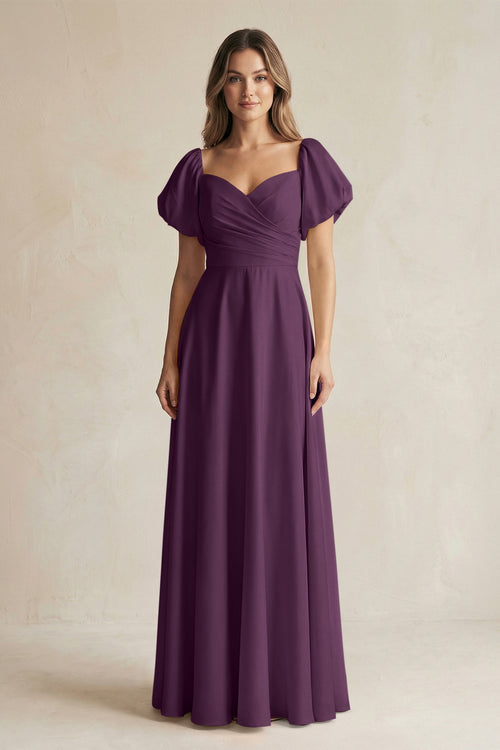 Fig Sweetheart Puff Sleeve A-Line Chiffon Bridesmaid Dress | KISSBRIDAL