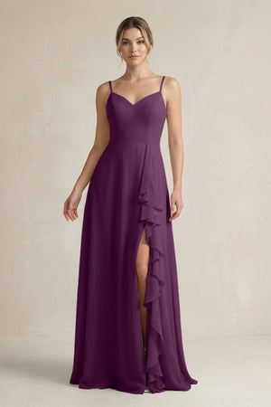 Fig Sweetheart Ruffled A-Line Chiffon Bridesmaid Dress with Slit | KISSBRIDAL