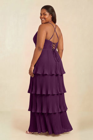 Fig Tiered Pleated V-Neck A-Line Chiffon Bridesmaid Dress (2) [sizeplus] | KISSBRIDAL