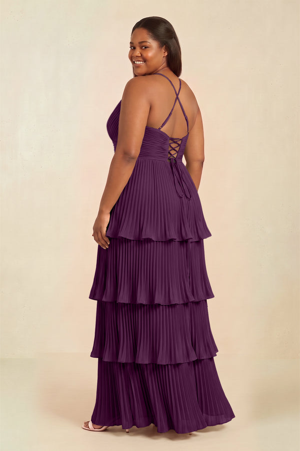 Fig Tiered Pleated V-Neck A-Line Chiffon Bridesmaid Dress (2) [sizeplus] | KISSBRIDAL