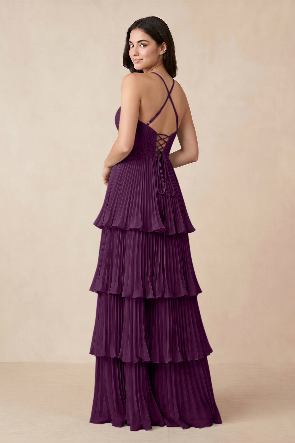 Tiered Pleated V-Neck A-Line Chiffon Bridesmaid Dress in Fig