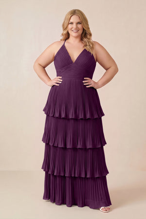 Fig Tiered Pleated V-Neck A-Line Chiffon Bridesmaid Dress (3) [sizeplus] | KISSBRIDAL