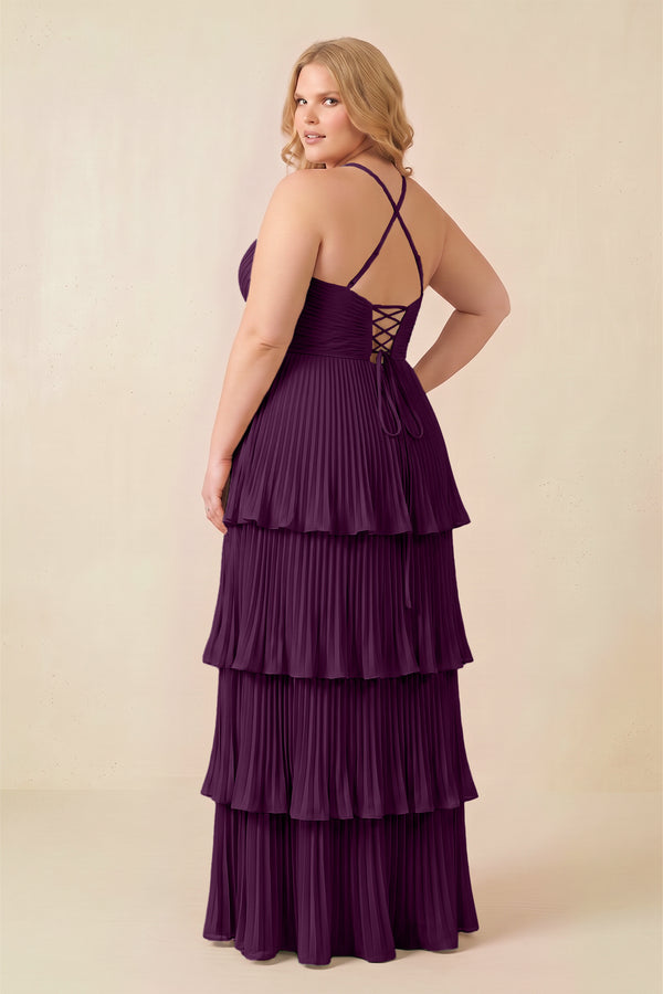 Fig Tiered Pleated V-Neck A-Line Chiffon Bridesmaid Dress (4) [sizeplus] | KISSBRIDAL