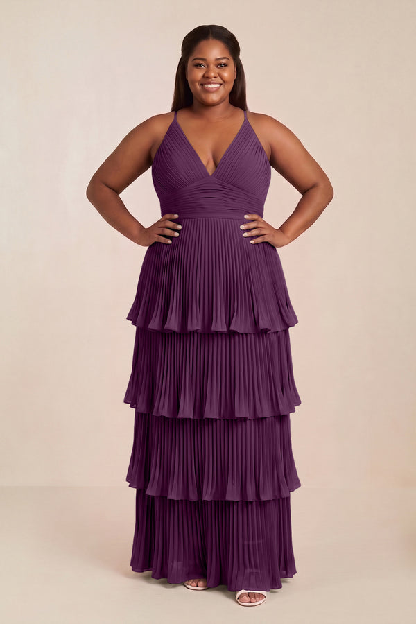 Fig Tiered Pleated V-Neck A-Line Chiffon Bridesmaid Dress [sizeplus] | KISSBRIDAL