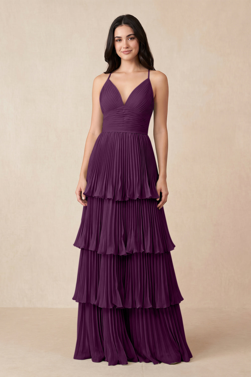 Tiered Pleated V-Neck A-Line Chiffon Bridesmaid Dress in Fig