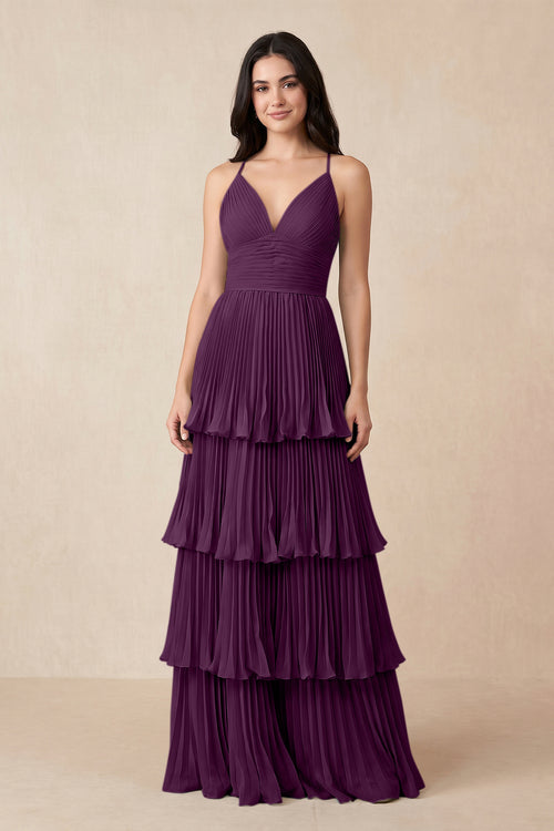 Fig Tiered Pleated V-Neck A-Line Chiffon Bridesmaid Dress | KISSBRIDAL