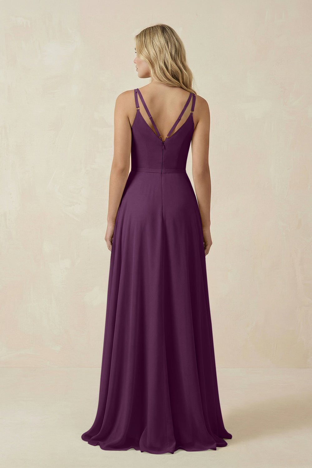 V-Neck A-Line Chiffon Bridesmaid Dress with Crisscross Back in Fig