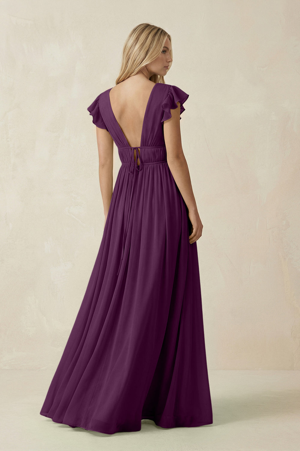 V-Neck A-Line Chiffon Cap Sleeves Bridesmaid Dress in Fig