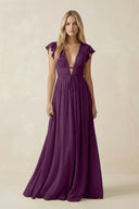 Fig V-Neck A-Line Chiffon Cap Sleeves Bridesmaid Dress | KISSBRIDAL