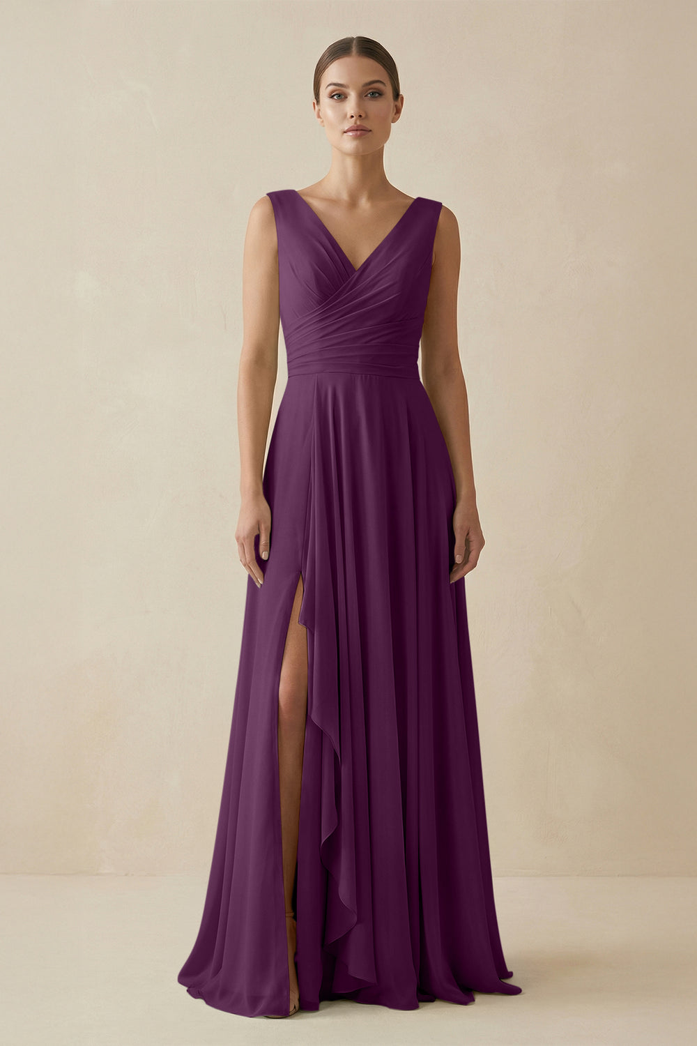 V-Neck A-Line Chiffon Ruffled Bridesmaid Dress in Fig