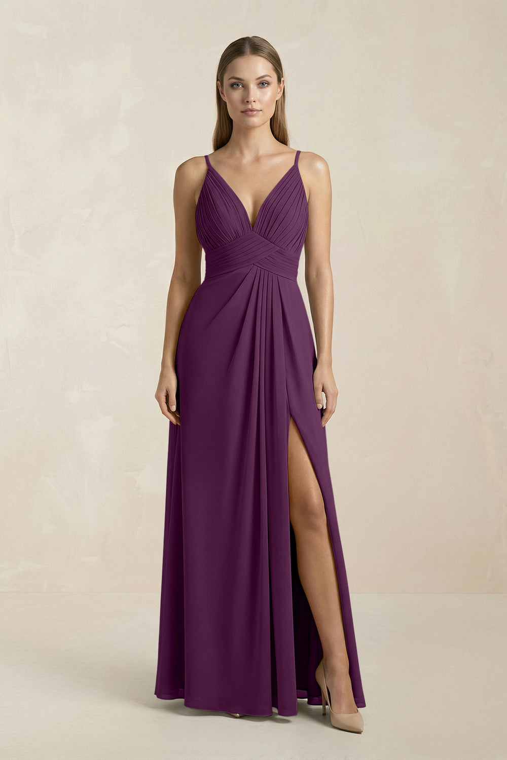 V-Neck A-Line Pleated Chiffon Bridesmaid Dress in Fig