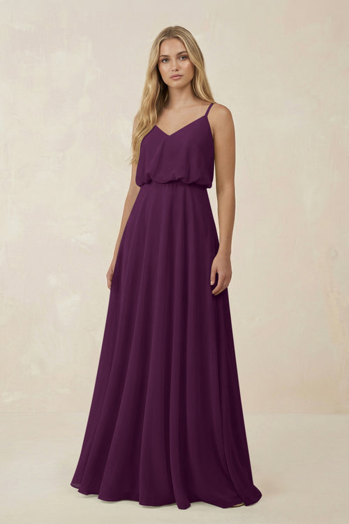 Fig V-Neck Blouson A-Line Chiffon Bridesmaid Dress | KISSBRIDAL