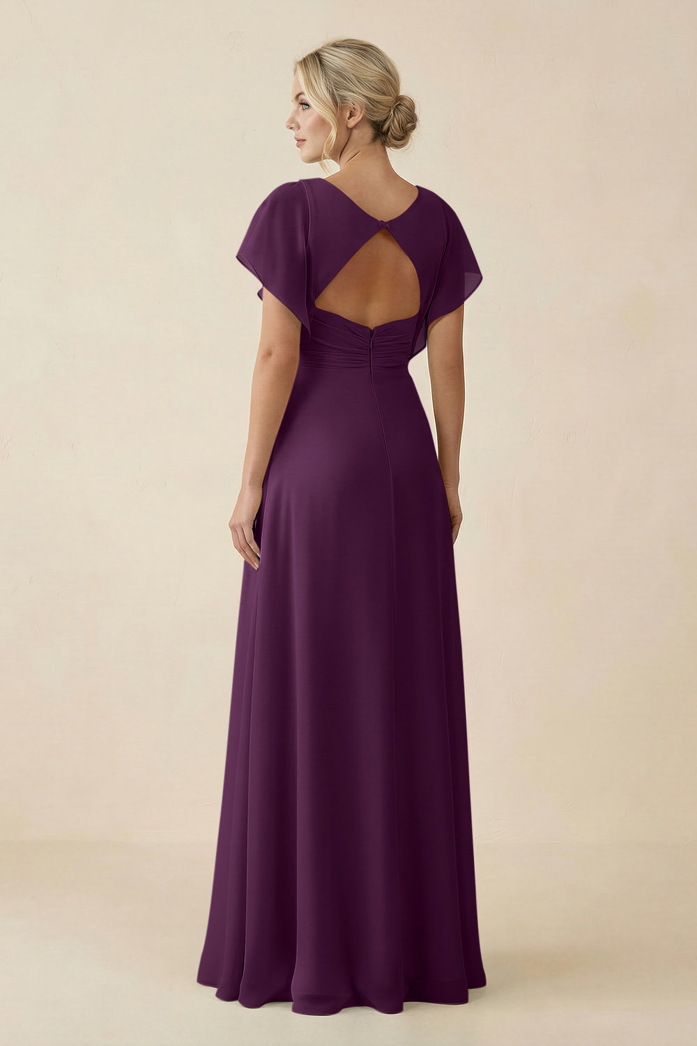 V-Neck Cap Sleeve Chiffon Bridesmaid Dress with Cut-out Back in Fig