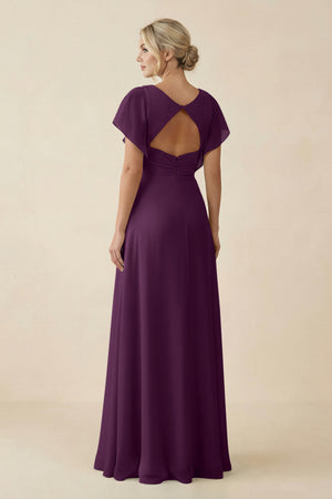 Fig V-Neck Cap Sleeve Chiffon Bridesmaid Dress with Cut-out Back (2) | KISSBRIDAL