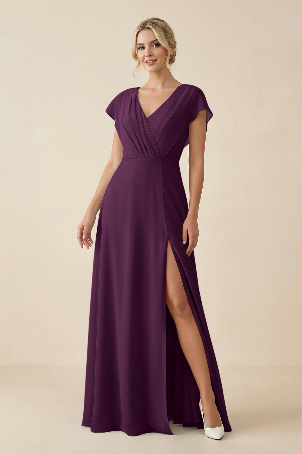 V-Neck Cap Sleeve Chiffon Bridesmaid Dress with Cut-out Back in Fig