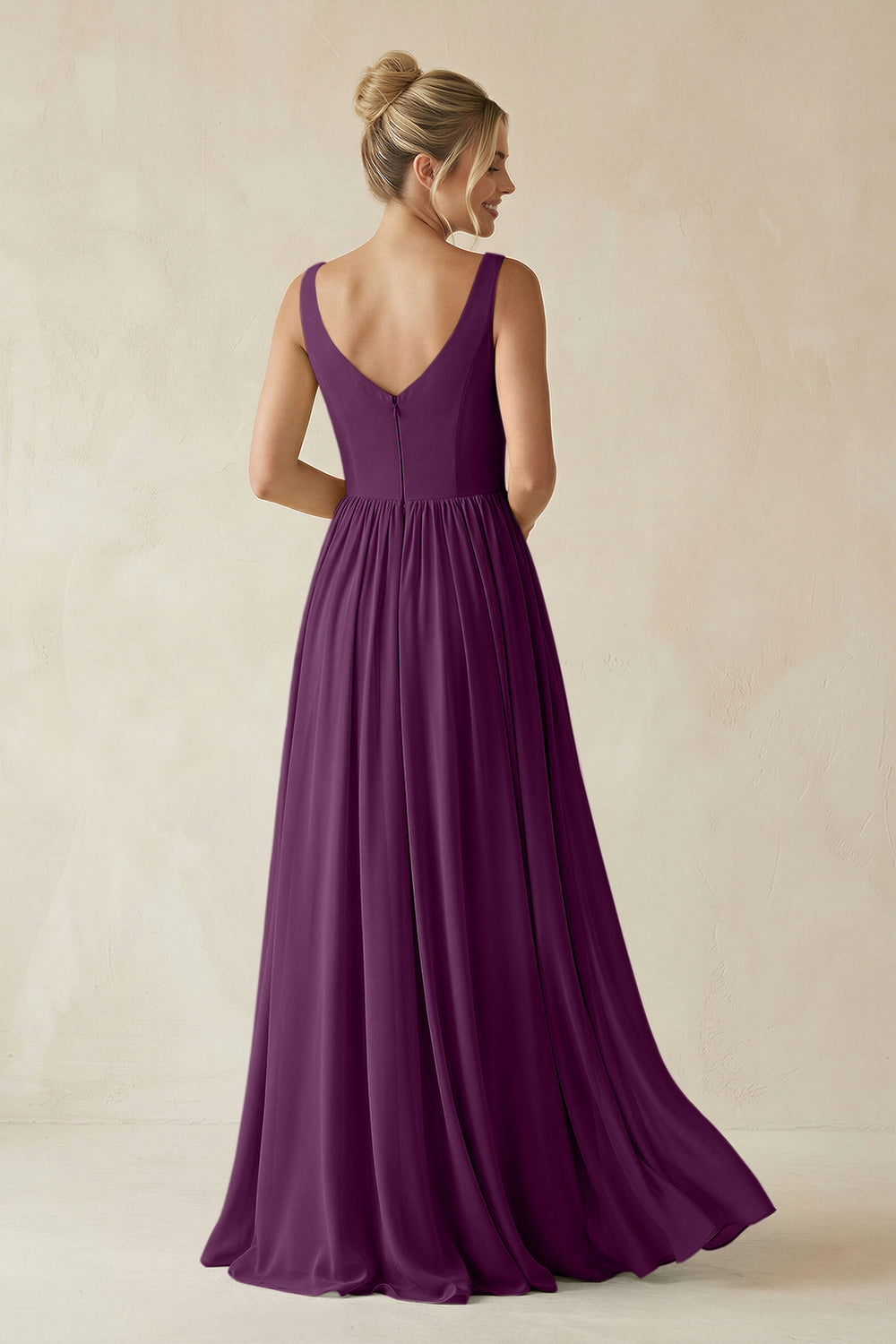 V-Neck Chiffon A-Line Long Bridesmaid Dress in Fig