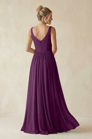 Fig V-Neck Chiffon A-Line Long Bridesmaid Dress (2) | KISSBRIDAL