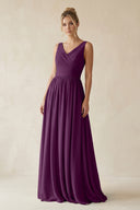 Fig V-Neck Chiffon A-Line Long Bridesmaid Dress | KISSBRIDAL