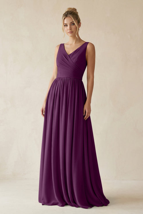 Fig V-Neck Chiffon A-Line Long Bridesmaid Dress | KISSBRIDAL
