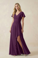 Fig V-Neck Flutter Sleeve A-Line Chiffon Bridesmaid Dress | KISSBRIDAL