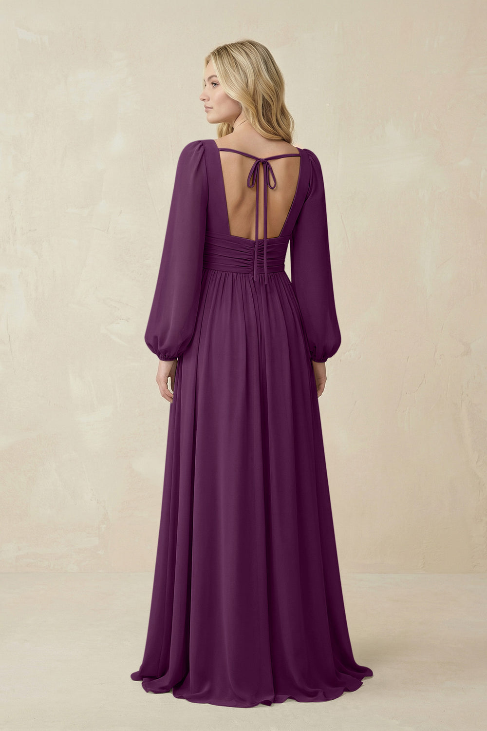 V-Neck Long Sleeve A-Line Chiffon Bridesmaid Dress in Fig