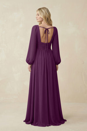 Fig V-Neck Long Sleeve A-Line Chiffon Bridesmaid Dress (2) | KISSBRIDAL