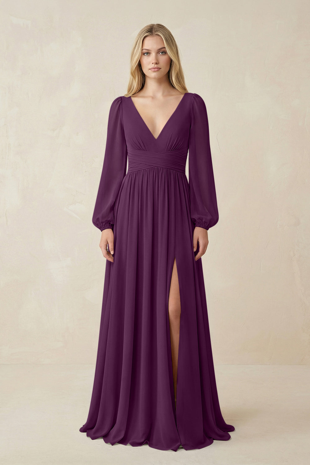 V-Neck Long Sleeve A-Line Chiffon Bridesmaid Dress in Fig