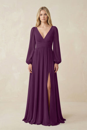 Fig V-Neck Long Sleeve A-Line Chiffon Bridesmaid Dress | KISSBRIDAL