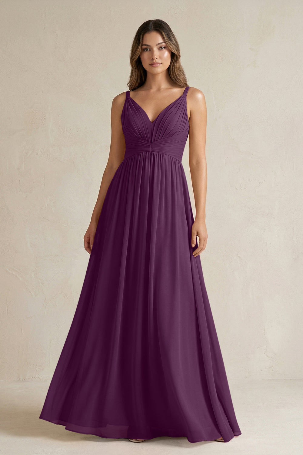 V-Neck Pleated A-Line Chiffon Bridesmaid Dress in Fig