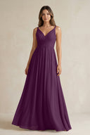 Fig V-Neck Pleated A-Line Chiffon Bridesmaid Dress | KISSBRIDAL