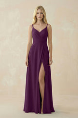 Fig V-Neck Ruched Chiffon Bridesmaid Dress with Slit | KISSBRIDAL