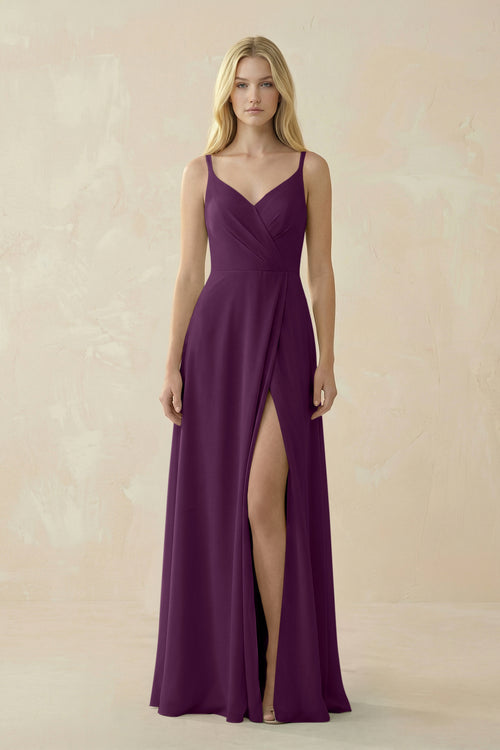 Fig V-Neck Ruched Chiffon Bridesmaid Dress with Slit | KISSBRIDAL