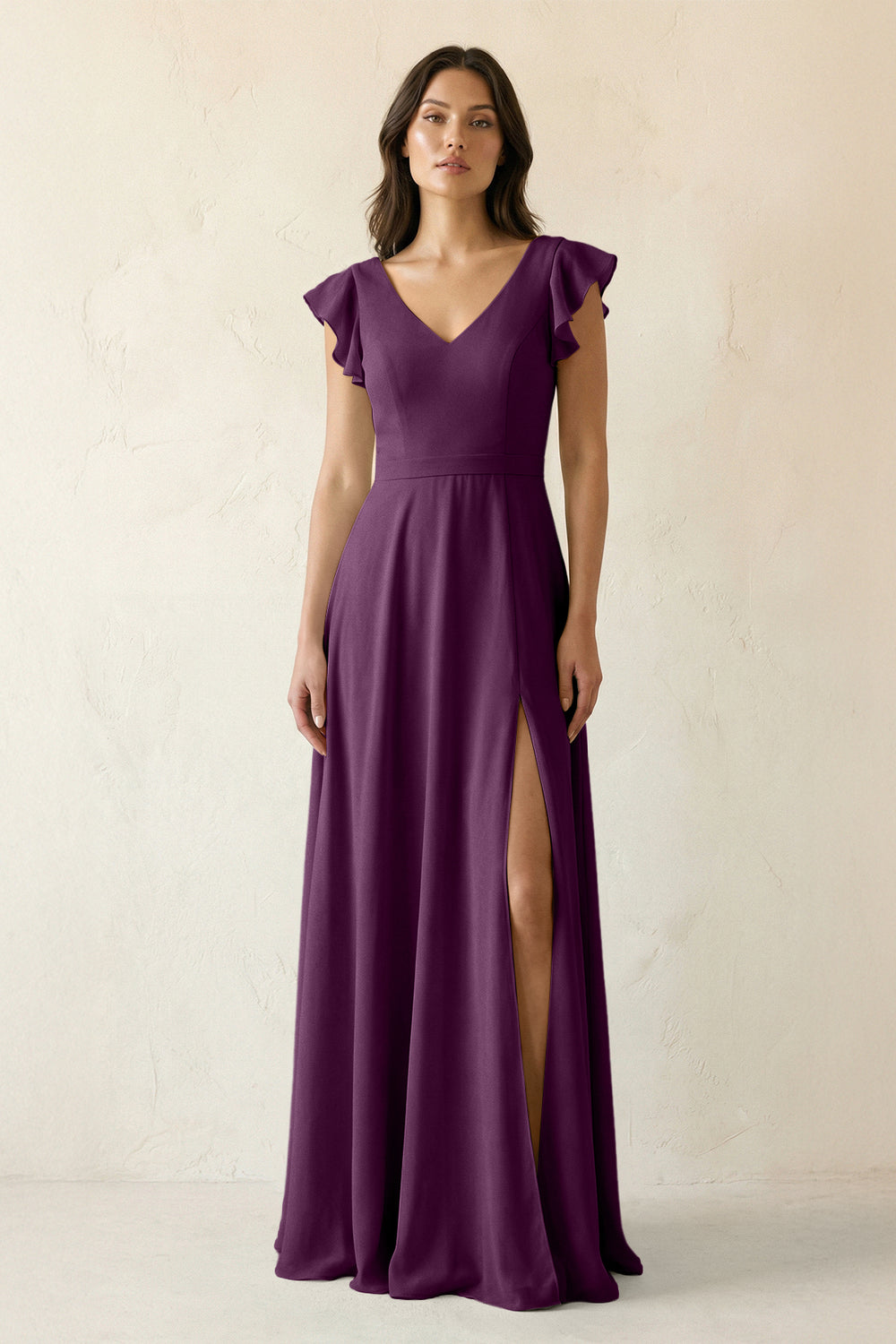 V-Neck Ruffled A-Line Chiffon Bridesmaid Dress in Fig
