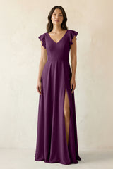 Fig V-Neck Ruffled A-Line Chiffon Bridesmaid Dress | KISSBRIDAL