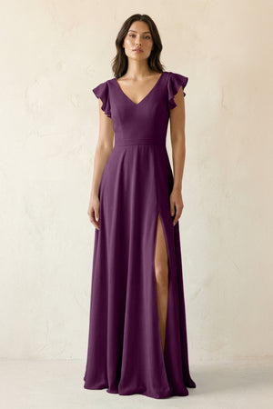 Fig V-Neck Ruffled A-Line Chiffon Bridesmaid Dress | KISSBRIDAL