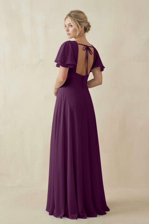 Fig V-Neck Ruffled Short Sleeves A-Line Bridesmaid Dress (2) | KISSBRIDAL