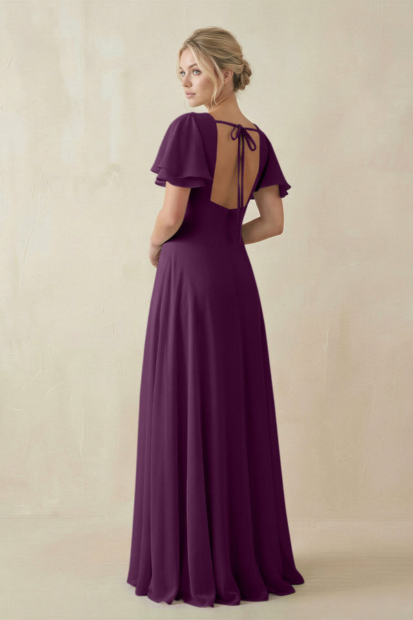 Fig V-Neck Ruffled Short Sleeves A-Line Bridesmaid Dress (2) | KISSBRIDAL