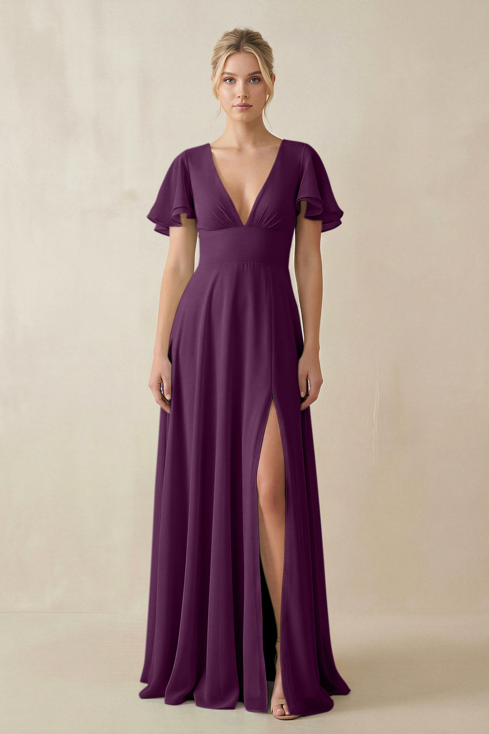 V-Neck Ruffled Short Sleeves A-Line Bridesmaid Dress in Fig