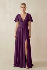 Fig V-Neck Ruffled Short Sleeves A-Line Bridesmaid Dress | KISSBRIDAL