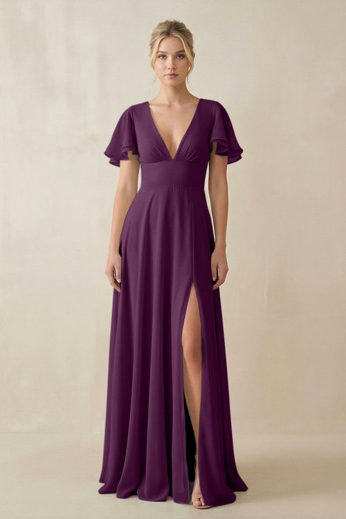 Fig V-Neck Ruffled Short Sleeves A-Line Bridesmaid Dress | KISSBRIDAL