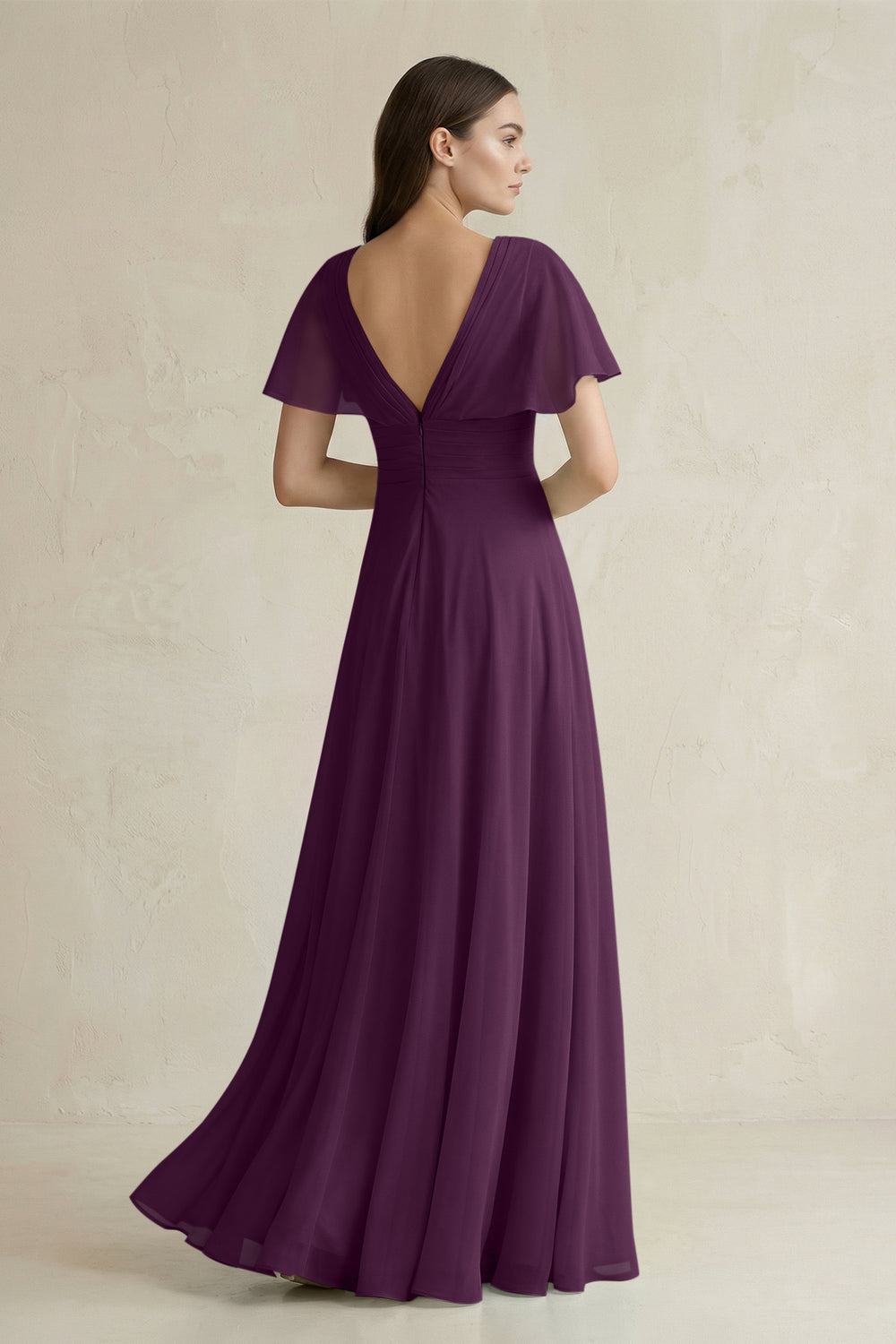 V-Neck Ruffled Sleeve A-Line Chiffon Bridesmaid Dress in Fig
